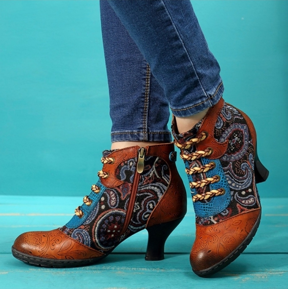 Socofy Bohemian Slicing Pattern side Zipper lace up ankle leather boots Size 42
